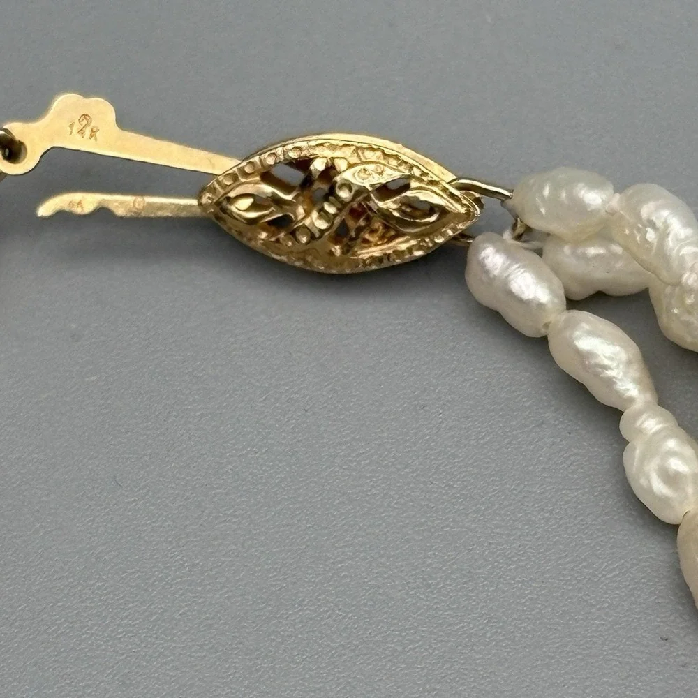 Triple Strand Freshwater Pearl Bracelet 14kt Gold Filigree Clasp 7.25